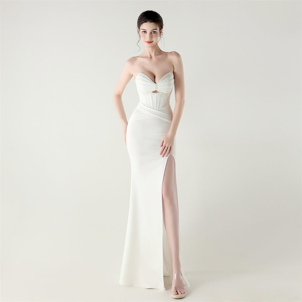 Boning Corset Lace up Waist Controlled Wrapped Chest Pleated Hollow Out Cutout out Cocktail Wedding Red Carpet Evening Dress - Luzilly Bridal & Apparel