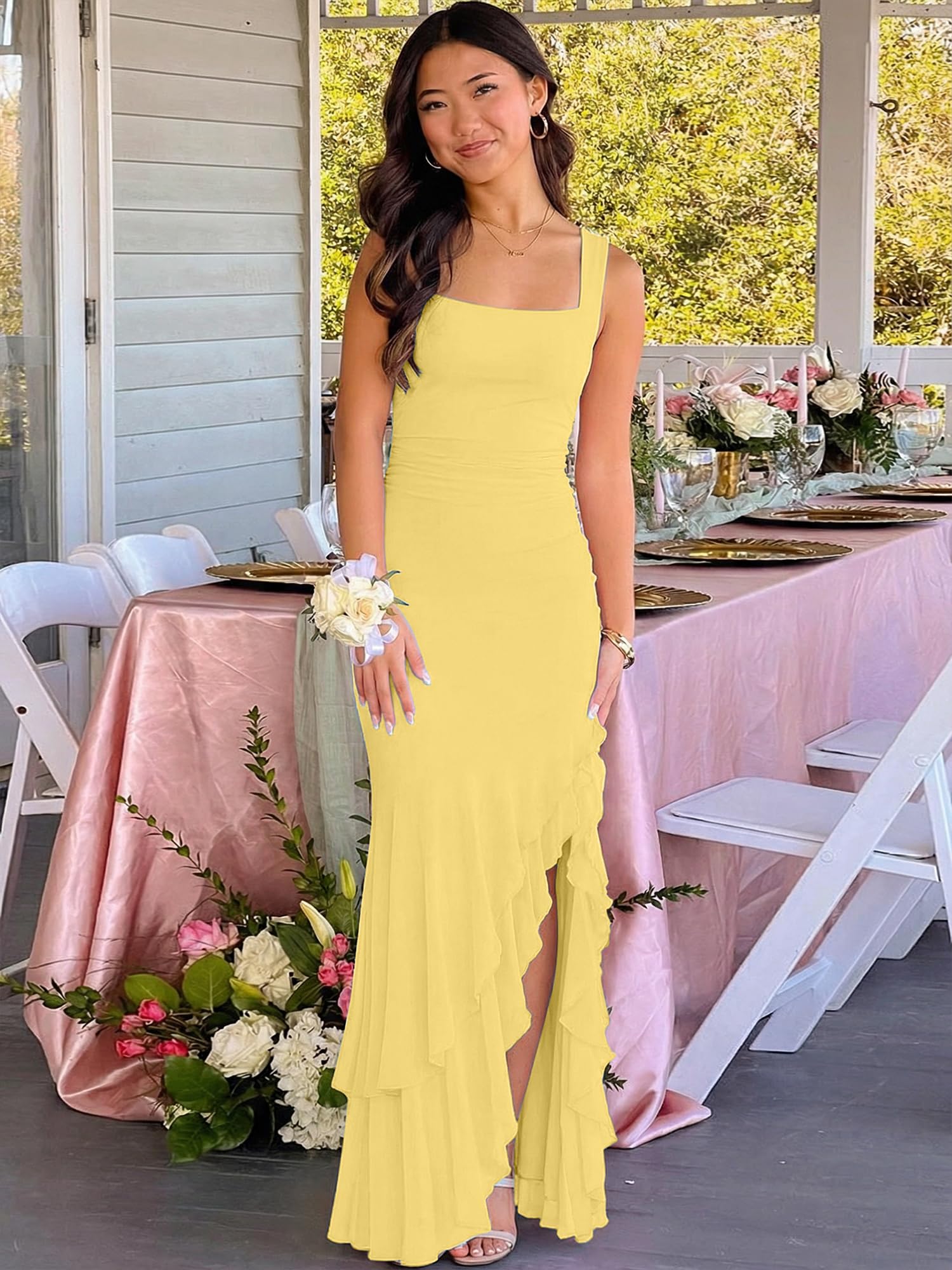 BORIFLORS Women's Elegant Bodycon Ruched Maxi Cocktail Dress Mesh Sleeveless Mermaid Ruffle Beach Wedding Guest Long Dresses - Luzilly Bridal & Apparel