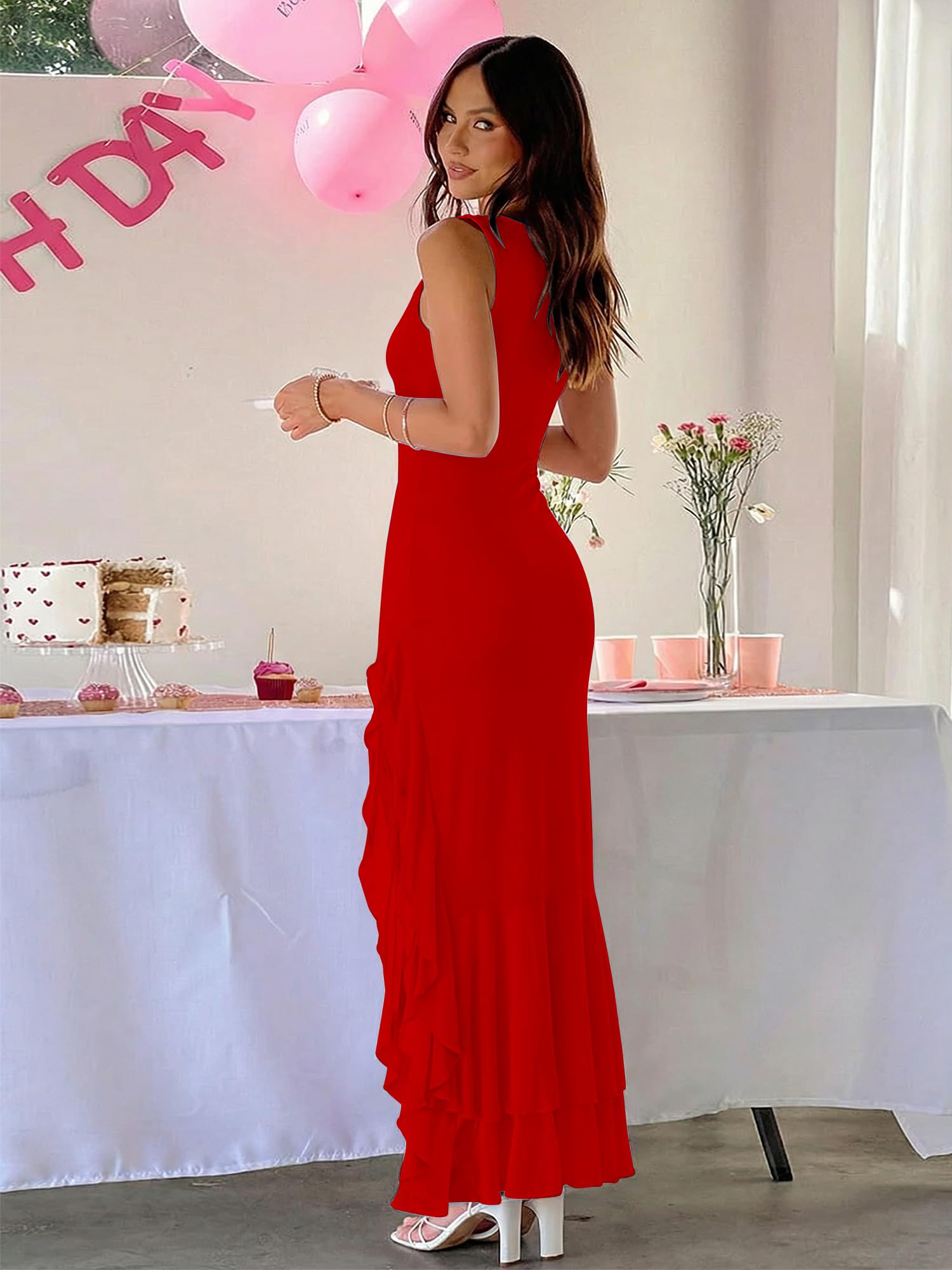 BORIFLORS Women's Elegant Bodycon Ruched Maxi Cocktail Dress Mesh Sleeveless Mermaid Ruffle Beach Wedding Guest Long Dresses - Luzilly Bridal & Apparel