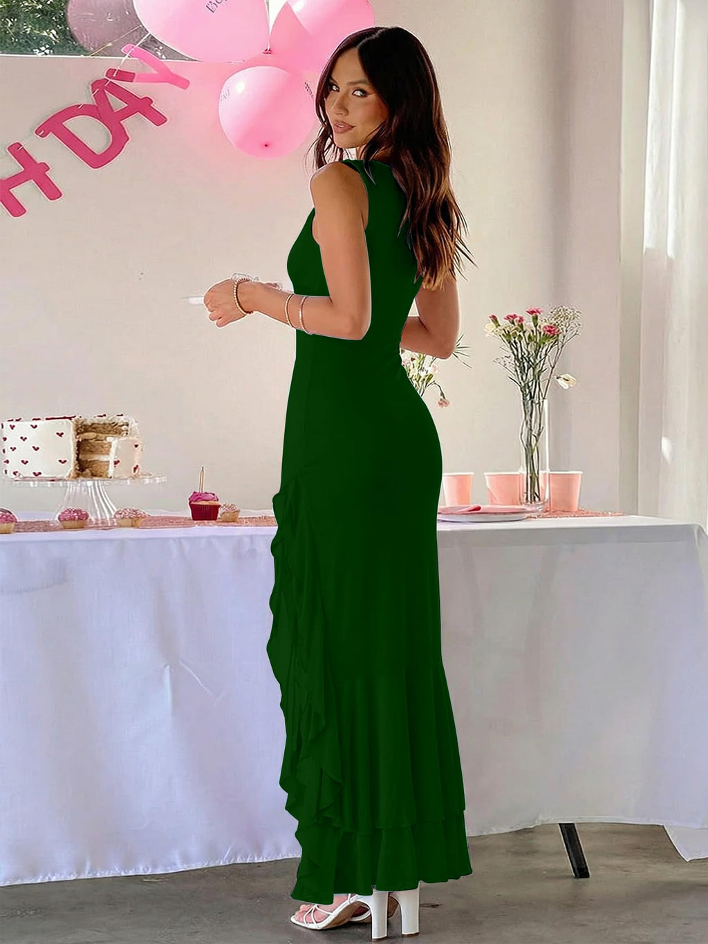 BORIFLORS Women's Elegant Bodycon Ruched Maxi Cocktail Dress Mesh Sleeveless Mermaid Ruffle Beach Wedding Guest Long Dresses - Luzilly Bridal & Apparel