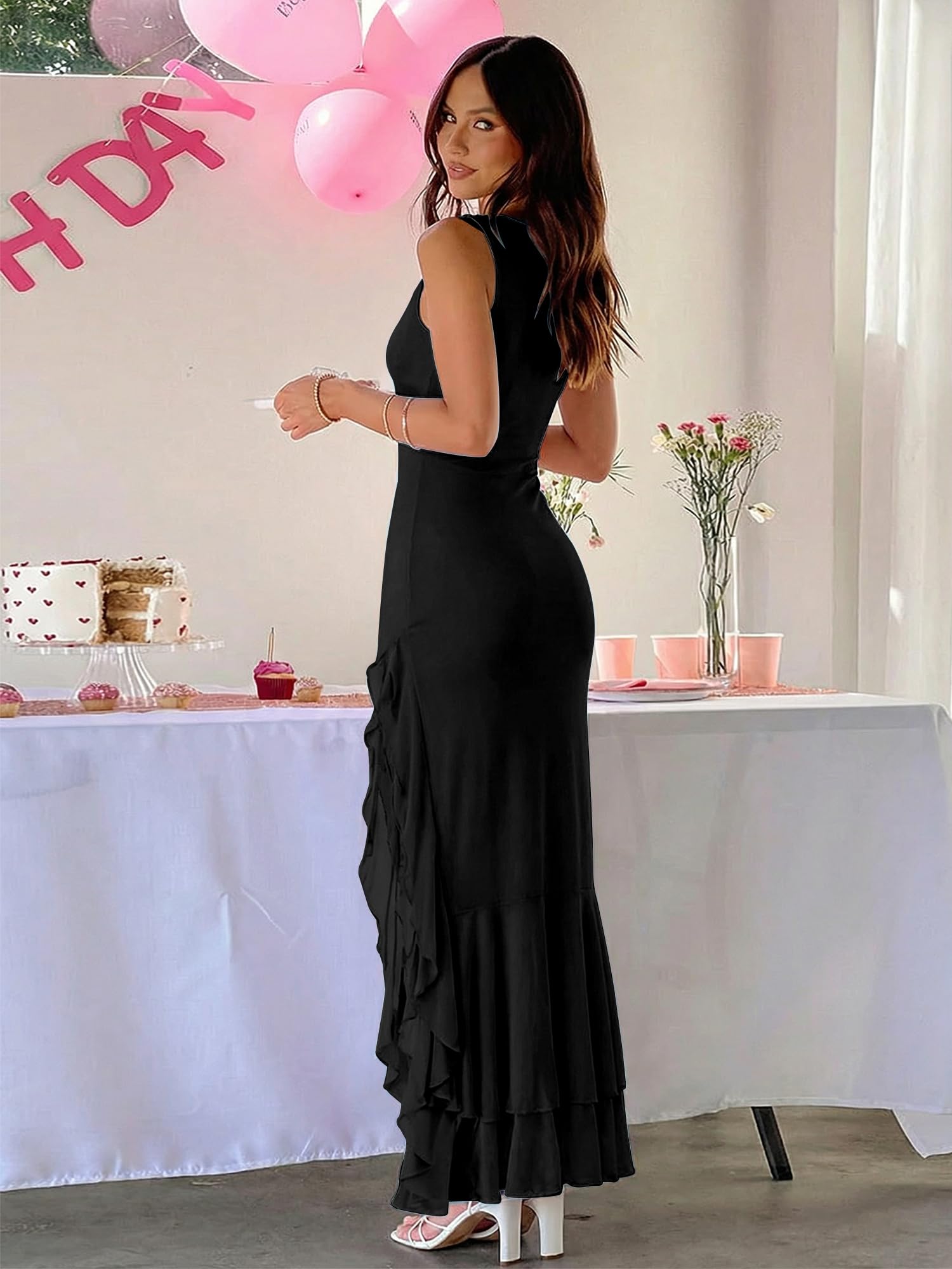 BORIFLORS Women's Elegant Bodycon Ruched Maxi Cocktail Dress Mesh Sleeveless Mermaid Ruffle Beach Wedding Guest Long Dresses - Luzilly Bridal & Apparel