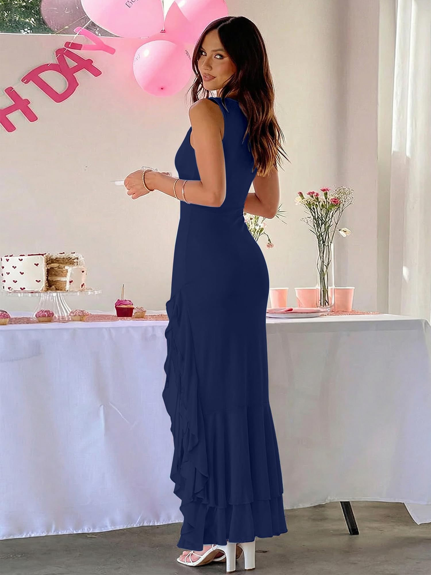 BORIFLORS Women's Elegant Bodycon Ruched Maxi Cocktail Dress Mesh Sleeveless Mermaid Ruffle Beach Wedding Guest Long Dresses - Luzilly Bridal & Apparel