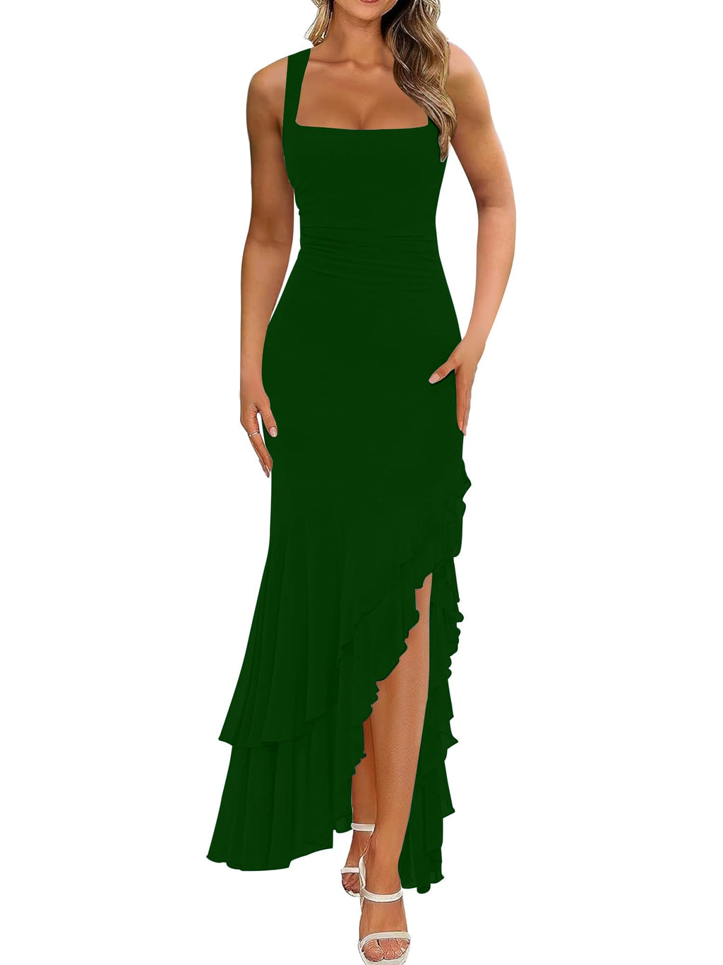 BORIFLORS Women's Elegant Bodycon Ruched Maxi Cocktail Dress Mesh Sleeveless Mermaid Ruffle Beach Wedding Guest Long Dresses - Luzilly Bridal & Apparel