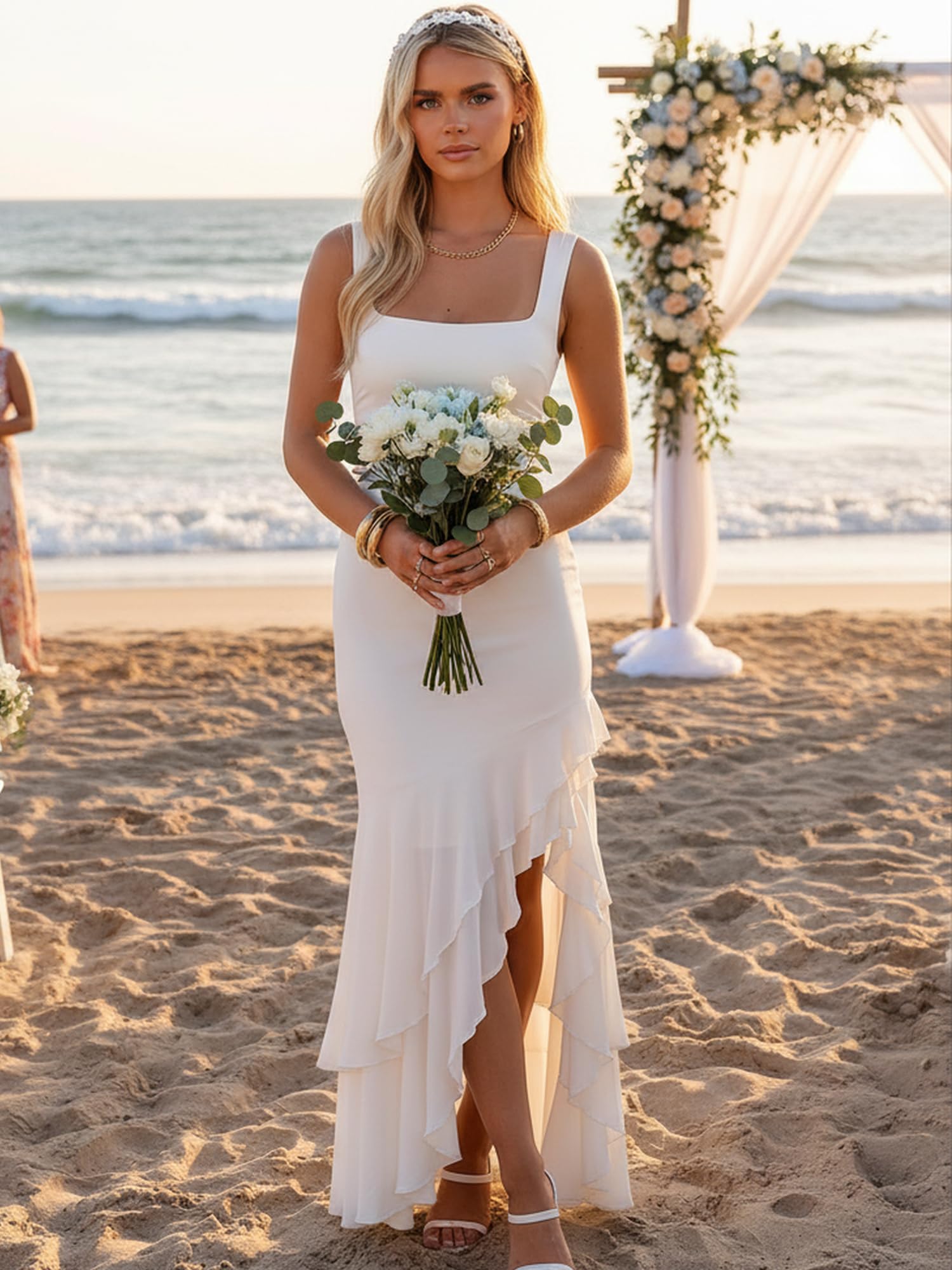 BORIFLORS Women's Elegant Bodycon Ruched Maxi Cocktail Dress Mesh Sleeveless Mermaid Ruffle Beach Wedding Guest Long Dresses - Luzilly Bridal & Apparel
