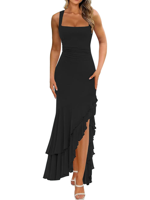 BORIFLORS Women's Elegant Bodycon Ruched Maxi Cocktail Dress Mesh Sleeveless Mermaid Ruffle Beach Wedding Guest Long Dresses - Luzilly Bridal & Apparel