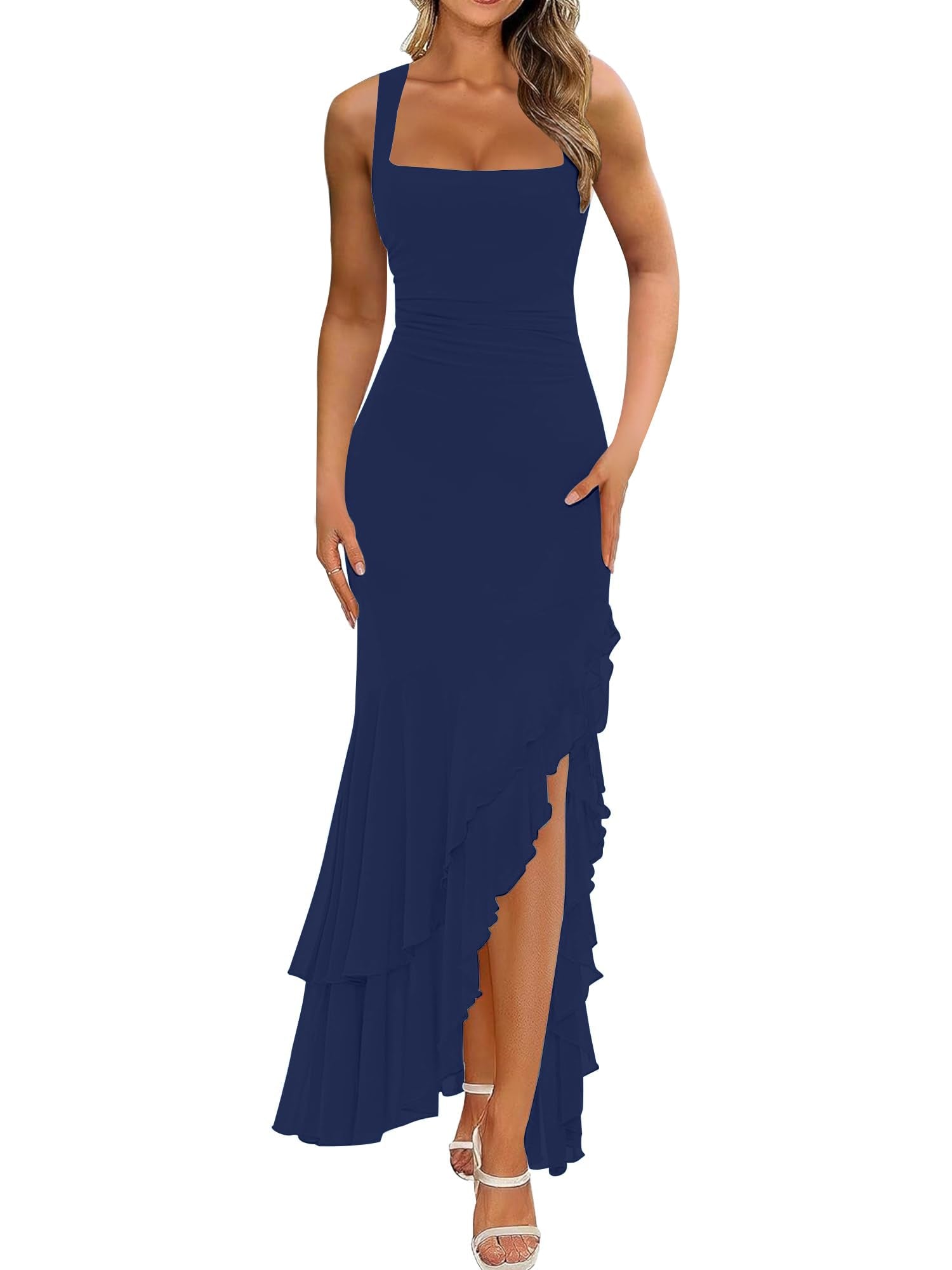BORIFLORS Women's Elegant Bodycon Ruched Maxi Cocktail Dress Mesh Sleeveless Mermaid Ruffle Beach Wedding Guest Long Dresses - Luzilly Bridal & Apparel