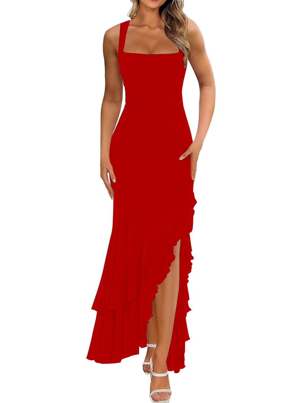 BORIFLORS Women's Elegant Bodycon Ruched Maxi Cocktail Dress Mesh Sleeveless Mermaid Ruffle Beach Wedding Guest Long Dresses - Luzilly Bridal & Apparel