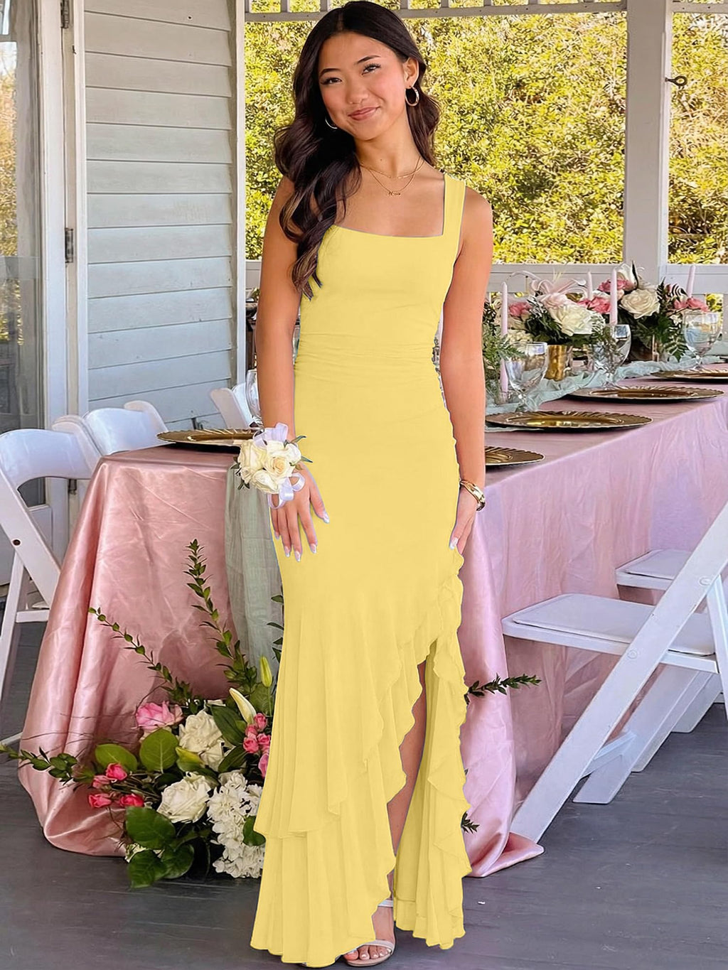 BORIFLORS Women's Elegant Bodycon Ruched Maxi Cocktail Dress Mesh Sleeveless Mermaid Ruffle Beach Wedding Guest Long Dresses - Luzilly Bridal & Apparel