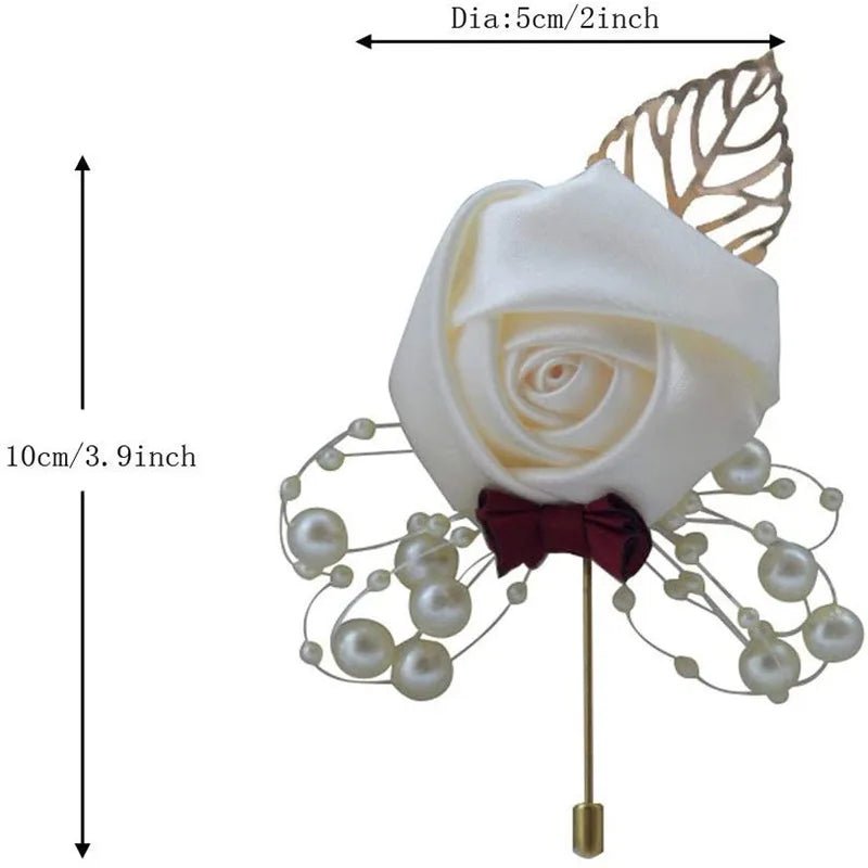 Boutonnieres Flowers Artificial Roses Fake Pearl Ivory Corsage Buttonhole Groomsmen Boutonniere for Men Wedding Accessories - Luzilly Bridal & Apparel