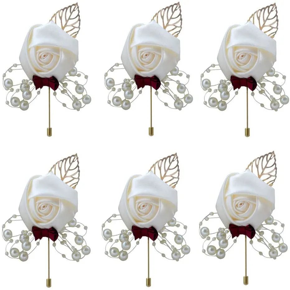 Boutonnieres Flowers Artificial Roses Fake Pearl Ivory Corsage Buttonhole Groomsmen Boutonniere for Men Wedding Accessories - Luzilly Bridal & Apparel