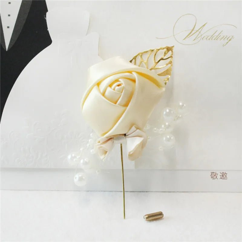 Boutonnieres Flowers Artificial Roses Fake Pearl Ivory Corsage Buttonhole Groomsmen Boutonniere for Men Wedding Accessories - Luzilly Bridal & Apparel