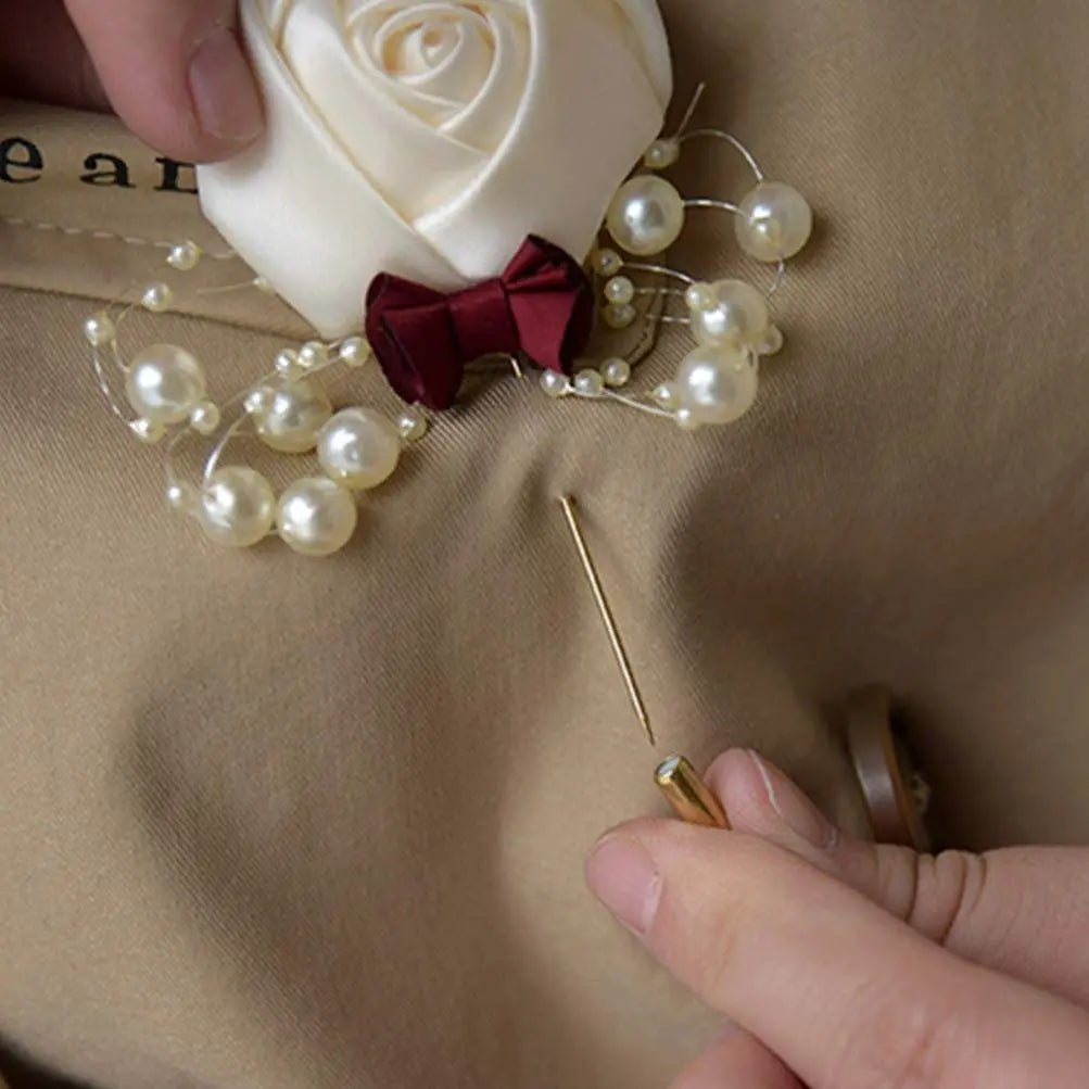 Boutonnieres Flowers Artificial Roses Fake Pearl Ivory Corsage Buttonhole Groomsmen Boutonniere for Men Wedding Accessories - Luzilly Bridal & Apparel