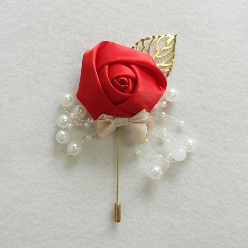 Boutonnieres Flowers Artificial Roses Fake Pearl Ivory Corsage Buttonhole Groomsmen Boutonniere for Men Wedding Accessories - Luzilly Bridal & Apparel