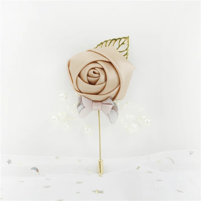 Boutonnieres Flowers Artificial Roses Fake Pearl Ivory Corsage Buttonhole Groomsmen Boutonniere for Men Wedding Accessories - Luzilly Bridal & Apparel