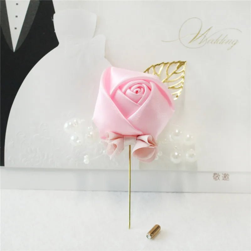 Boutonnieres Flowers Artificial Roses Fake Pearl Ivory Corsage Buttonhole Groomsmen Boutonniere for Men Wedding Accessories - Luzilly Bridal & Apparel
