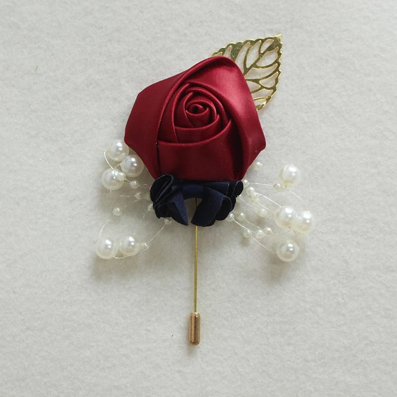 Boutonnieres Flowers Artificial Roses Fake Pearl Ivory Corsage Buttonhole Groomsmen Boutonniere for Men Wedding Accessories - Luzilly Bridal & Apparel