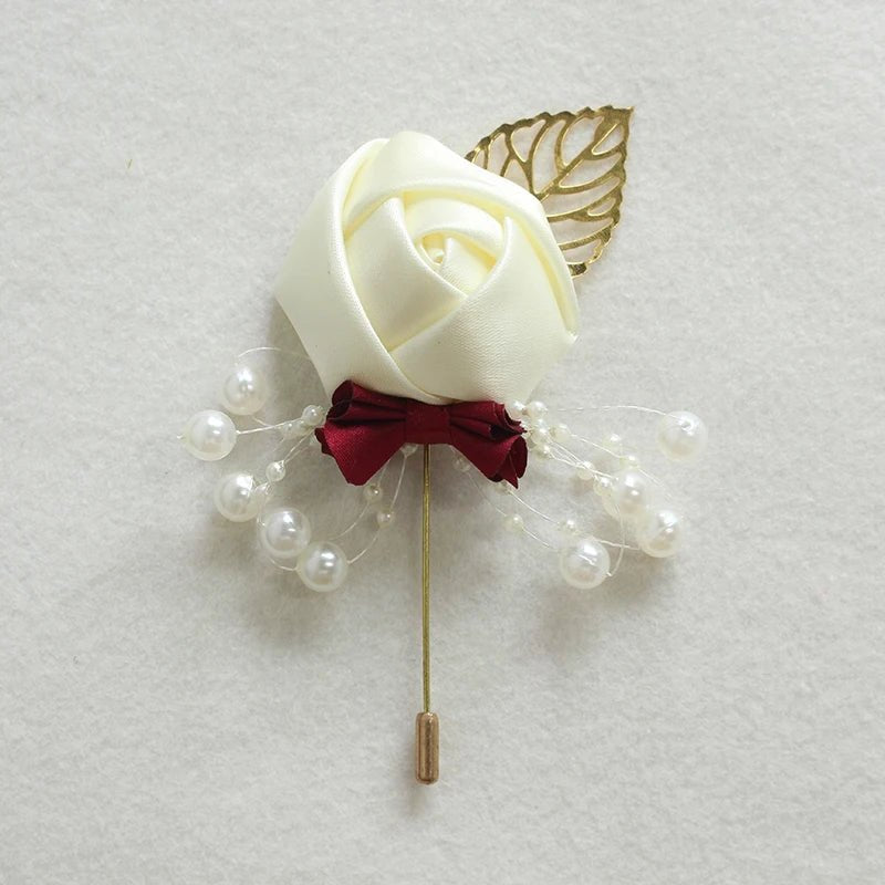 Boutonnieres Flowers Artificial Roses Fake Pearl Ivory Corsage Buttonhole Groomsmen Boutonniere for Men Wedding Accessories - Luzilly Bridal & Apparel