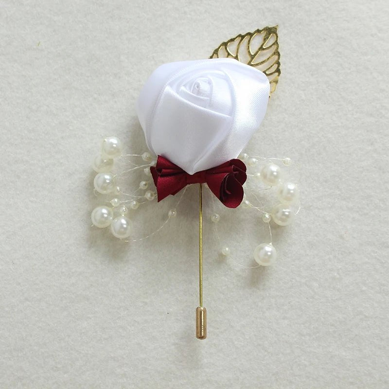 Boutonnieres Flowers Artificial Roses Fake Pearl Ivory Corsage Buttonhole Groomsmen Boutonniere for Men Wedding Accessories - Luzilly Bridal & Apparel