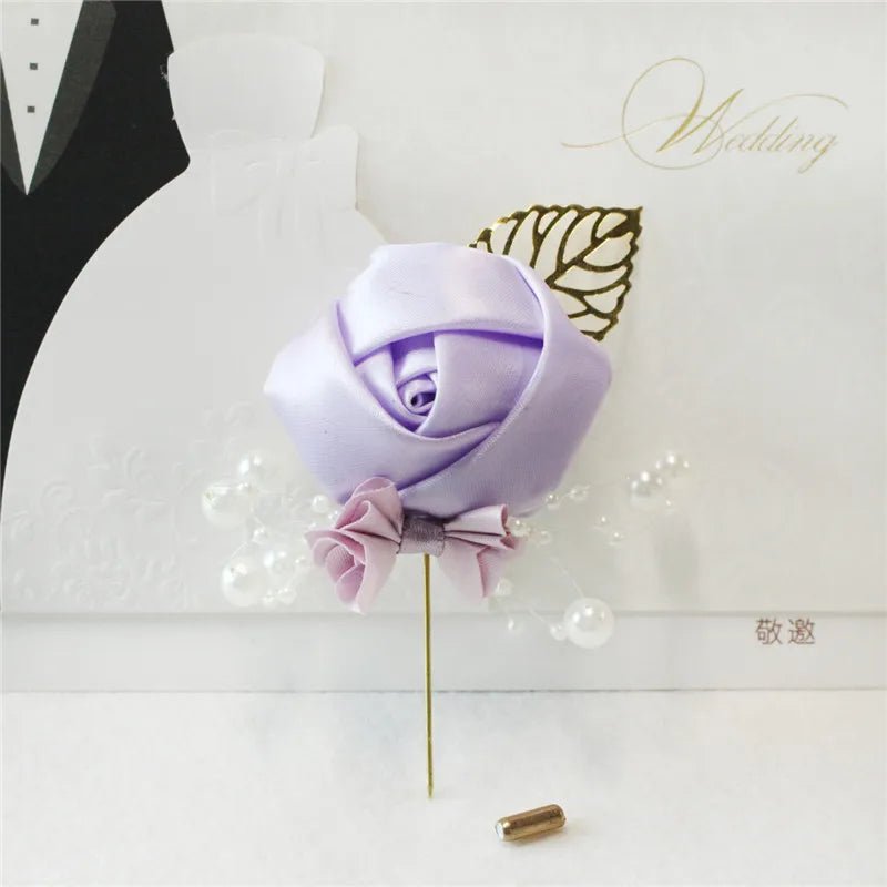 Boutonnieres Flowers Artificial Roses Fake Pearl Ivory Corsage Buttonhole Groomsmen Boutonniere for Men Wedding Accessories - Luzilly Bridal & Apparel