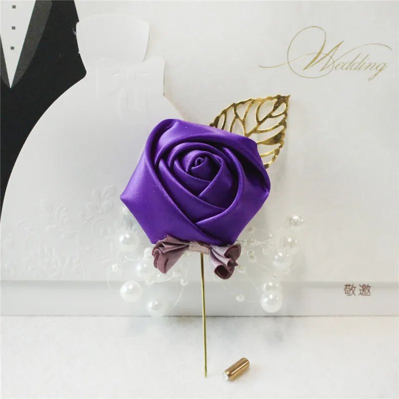 Boutonnieres Flowers Artificial Roses Fake Pearl Ivory Corsage Buttonhole Groomsmen Boutonniere for Men Wedding Accessories - Luzilly Bridal & Apparel