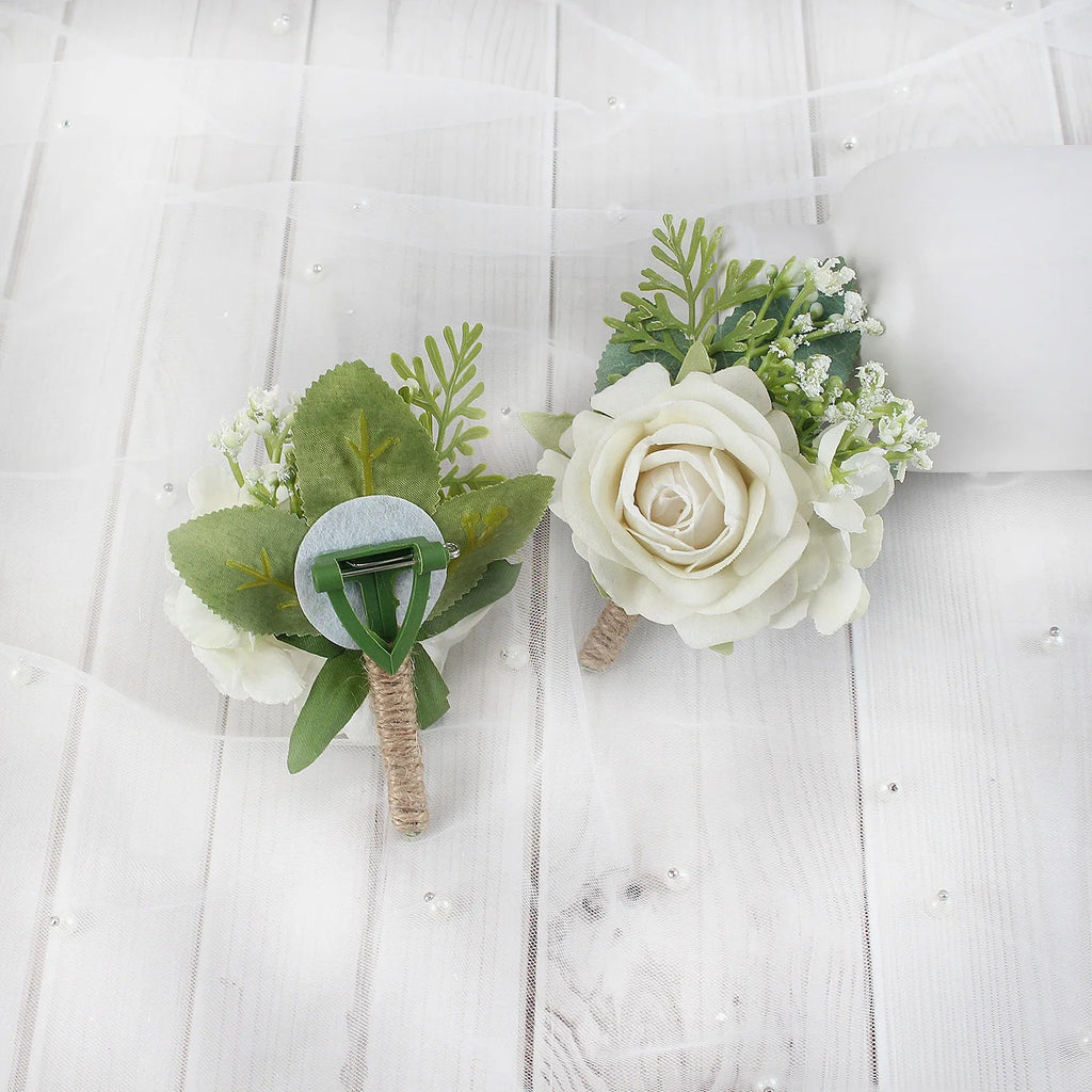 Boutonnieres Flowers Artificial Roses Silk White Ivory Corsage Buttonhole Groomsmen Boutonniere for Men Wedding Accessories - Luzilly Bridal & Apparel