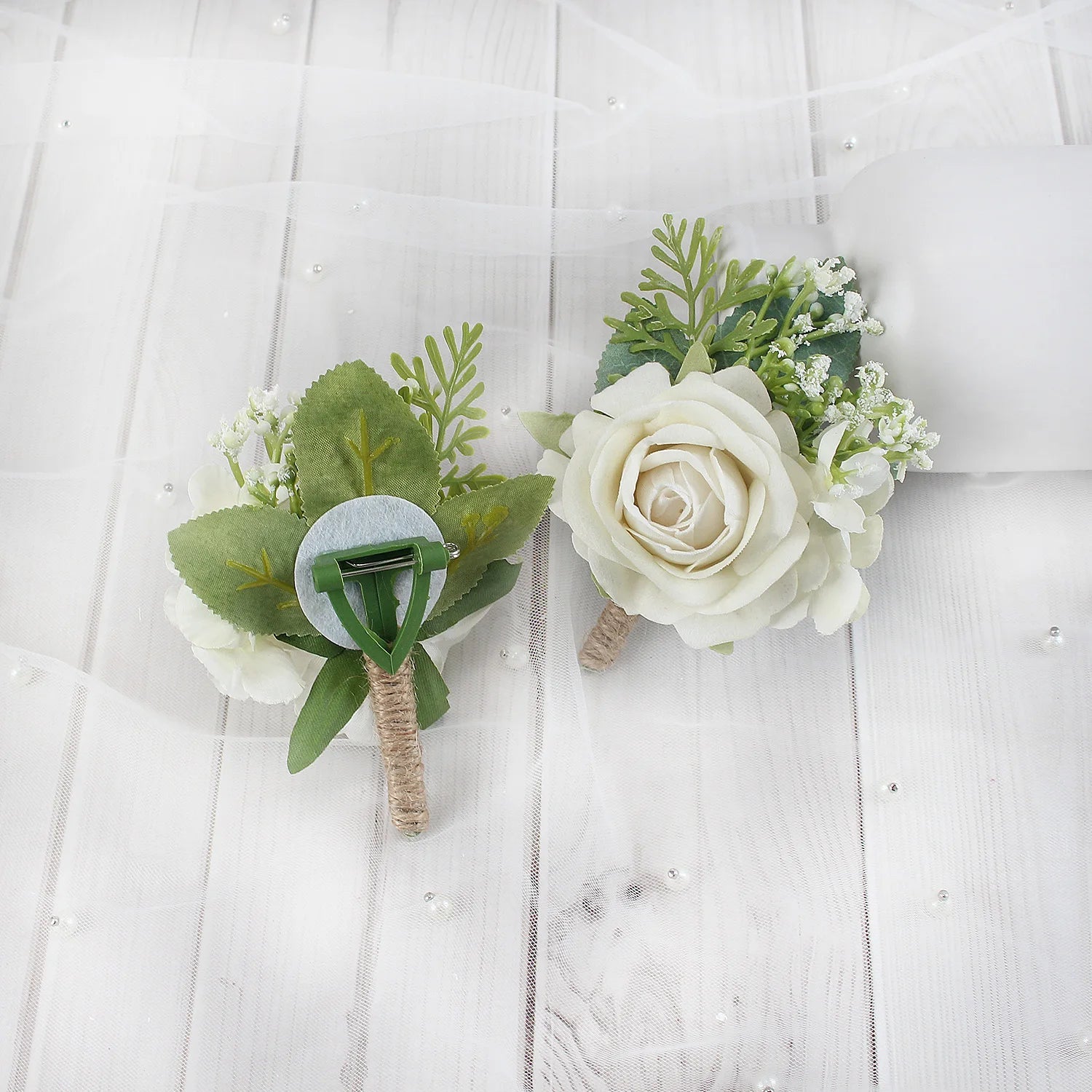 Boutonnieres Flowers Artificial Roses Silk White Ivory Corsage Buttonhole Groomsmen Boutonniere for Men Wedding Accessories - Luzilly Bridal & Apparel