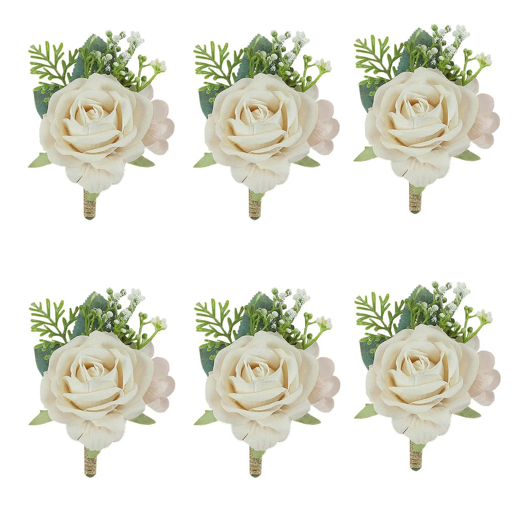 Boutonnieres Flowers Artificial Roses Silk White Ivory Corsage Buttonhole Groomsmen Boutonniere for Men Wedding Accessories - Luzilly Bridal & Apparel