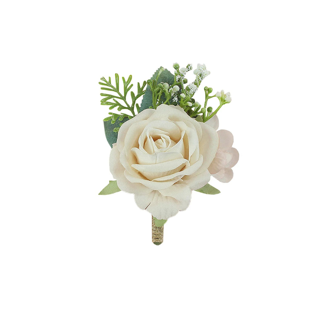 Boutonnieres Flowers Artificial Roses Silk White Ivory Corsage Buttonhole Groomsmen Boutonniere for Men Wedding Accessories - Luzilly Bridal & Apparel