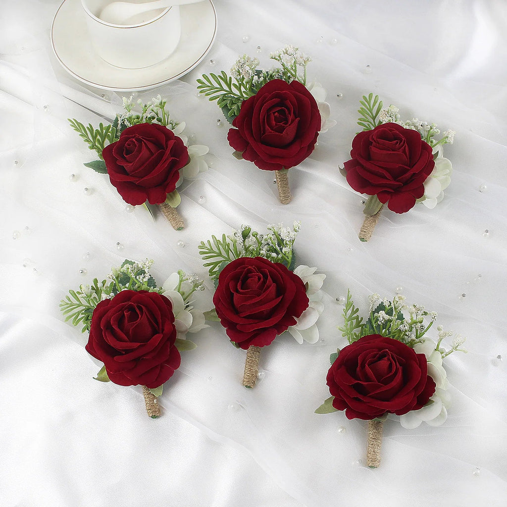 Boutonnieres Flowers Artificial Roses Silk White Ivory Corsage Buttonhole Groomsmen Boutonniere for Men Wedding Accessories - Luzilly Bridal & Apparel