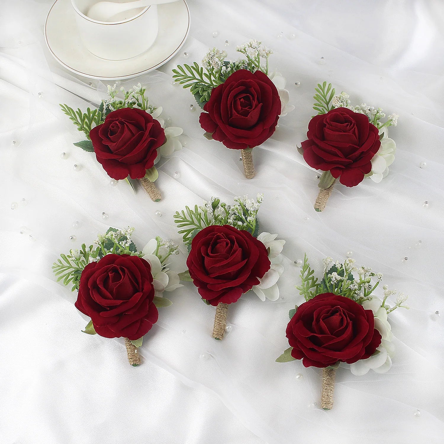 Boutonnieres Flowers Artificial Roses Silk White Ivory Corsage Buttonhole Groomsmen Boutonniere for Men Wedding Accessories - Luzilly Bridal & Apparel