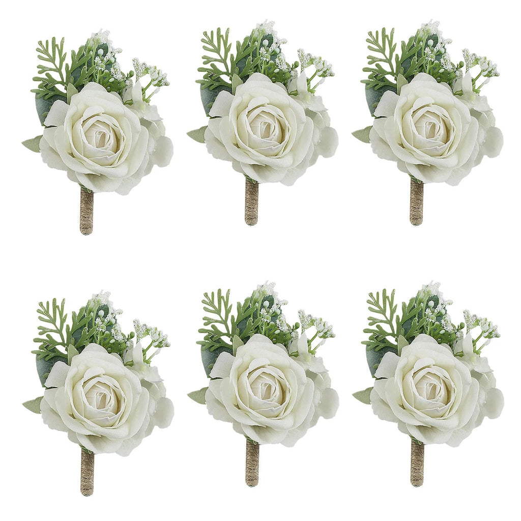 Boutonnieres Flowers Artificial Roses Silk White Ivory Corsage Buttonhole Groomsmen Boutonniere for Men Wedding Accessories - Luzilly Bridal & Apparel