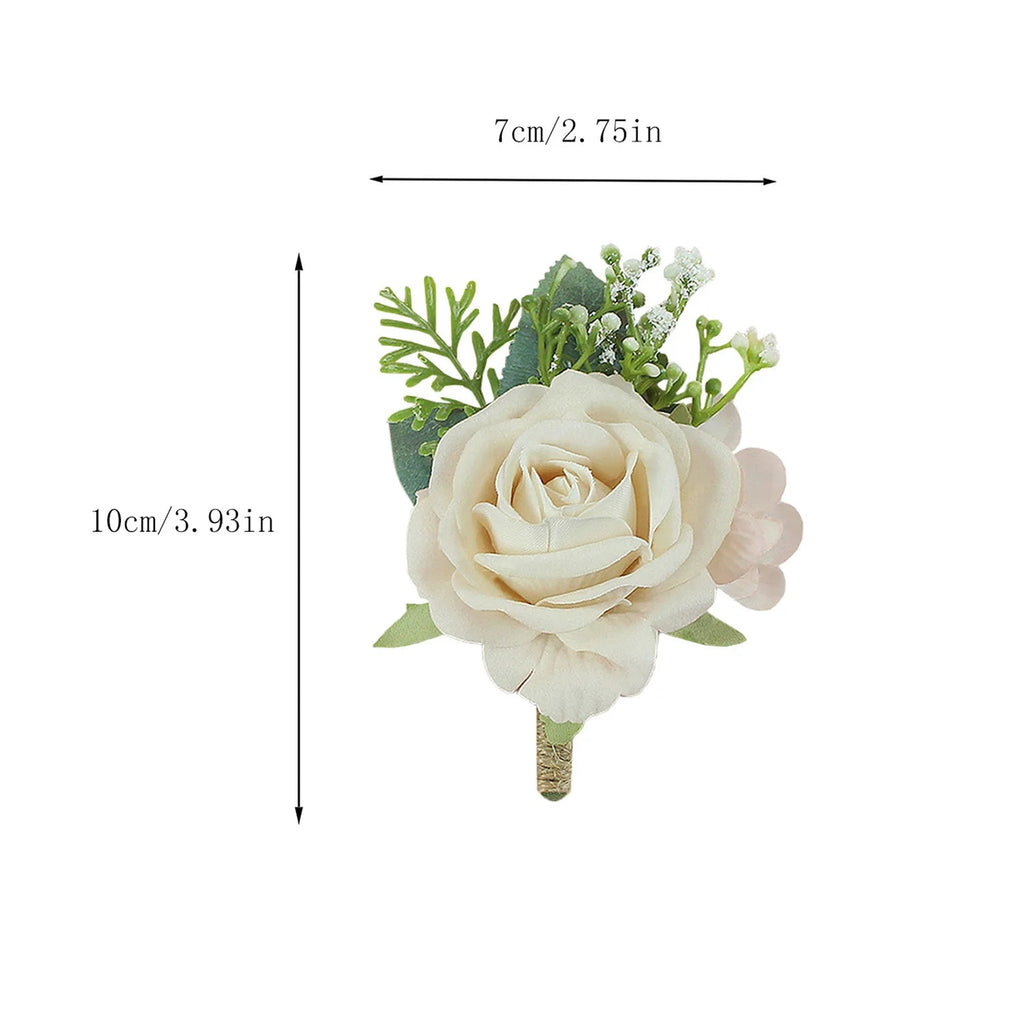 Boutonnieres Flowers Artificial Roses Silk White Ivory Corsage Buttonhole Groomsmen Boutonniere for Men Wedding Accessories - Luzilly Bridal & Apparel
