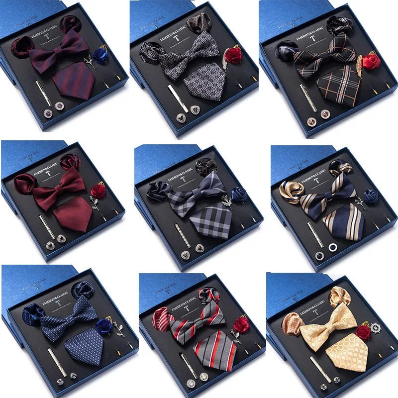 Brand Newest Design Silk Tie Set Handkerchief Pocket Squares Cufflink Bow Tie Clip Necktie Set Bussiness Wedding Suit Gift Box - Luzilly Bridal & Apparel
