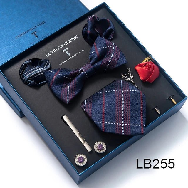 Brand Newest Design Silk Tie Set Handkerchief Pocket Squares Cufflink Bow Tie Clip Necktie Set Bussiness Wedding Suit Gift Box - Luzilly Bridal & Apparel