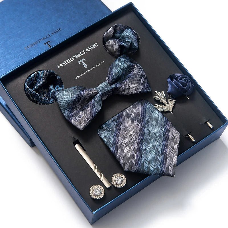 Brand Newest Design Silk Tie Set Handkerchief Pocket Squares Cufflink Bow Tie Clip Necktie Set Bussiness Wedding Suit Gift Box - Luzilly Bridal & Apparel