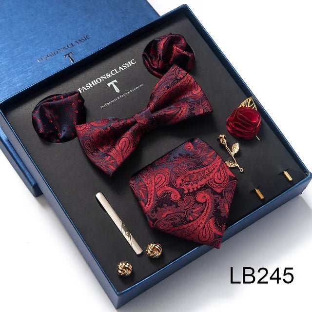 Brand Newest Design Silk Tie Set Handkerchief Pocket Squares Cufflink Bow Tie Clip Necktie Set Bussiness Wedding Suit Gift Box - Luzilly Bridal & Apparel