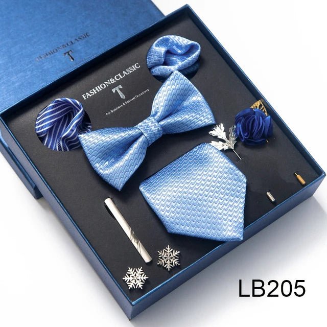Brand Newest Design Silk Tie Set Handkerchief Pocket Squares Cufflink Bow Tie Clip Necktie Set Bussiness Wedding Suit Gift Box - Luzilly Bridal & Apparel