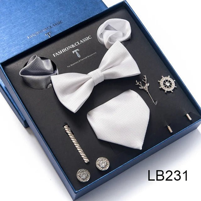 Brand Newest Design Silk Tie Set Handkerchief Pocket Squares Cufflink Bow Tie Clip Necktie Set Bussiness Wedding Suit Gift Box - Luzilly Bridal & Apparel