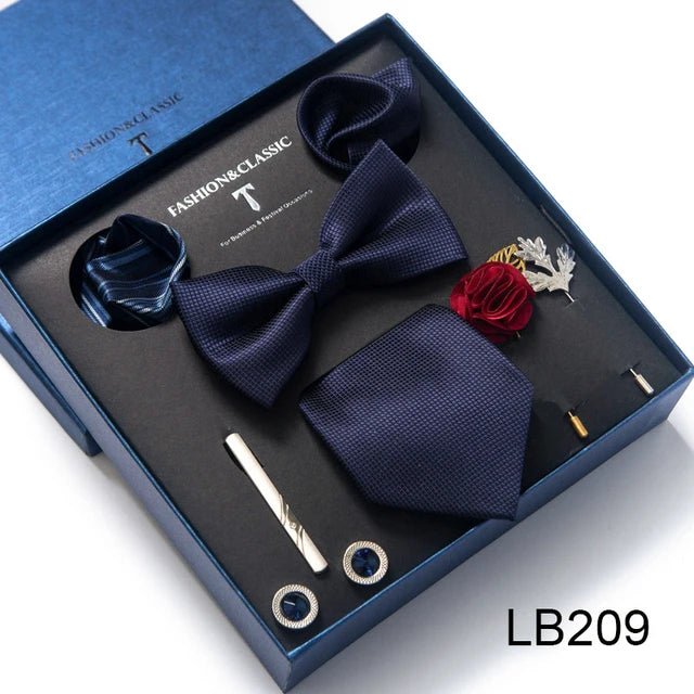 Brand Newest Design Silk Tie Set Handkerchief Pocket Squares Cufflink Bow Tie Clip Necktie Set Bussiness Wedding Suit Gift Box - Luzilly Bridal & Apparel