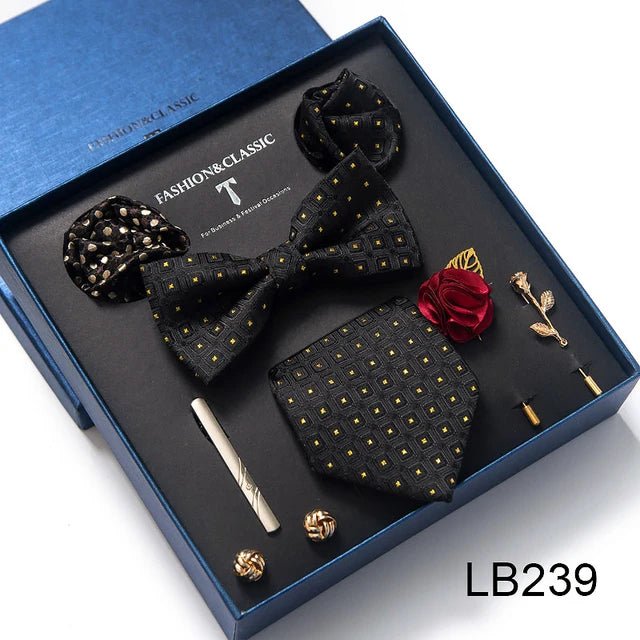 Brand Newest Design Silk Tie Set Handkerchief Pocket Squares Cufflink Bow Tie Clip Necktie Set Bussiness Wedding Suit Gift Box - Luzilly Bridal & Apparel