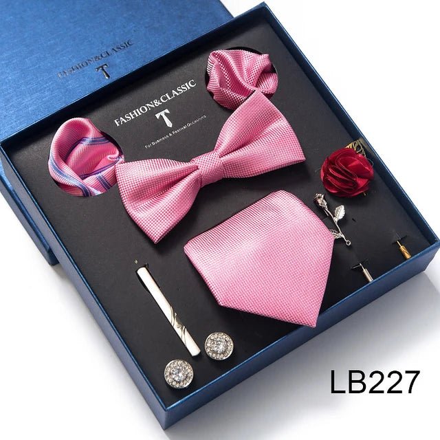 Brand Newest Design Silk Tie Set Handkerchief Pocket Squares Cufflink Bow Tie Clip Necktie Set Bussiness Wedding Suit Gift Box - Luzilly Bridal & Apparel