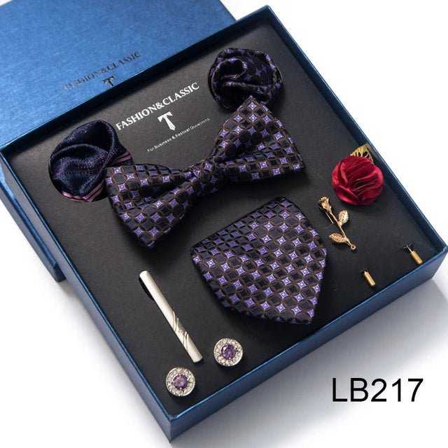 Brand Newest Design Silk Tie Set Handkerchief Pocket Squares Cufflink Bow Tie Clip Necktie Set Bussiness Wedding Suit Gift Box - Luzilly Bridal & Apparel