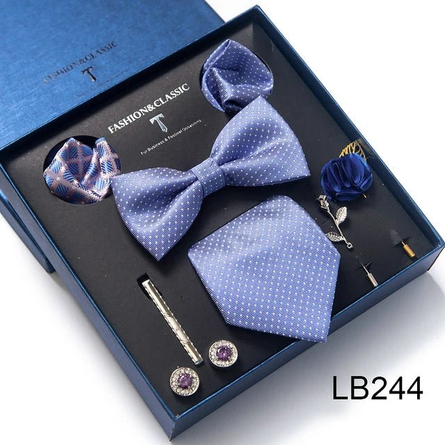Brand Newest Design Silk Tie Set Handkerchief Pocket Squares Cufflink Bow Tie Clip Necktie Set Bussiness Wedding Suit Gift Box - Luzilly Bridal & Apparel