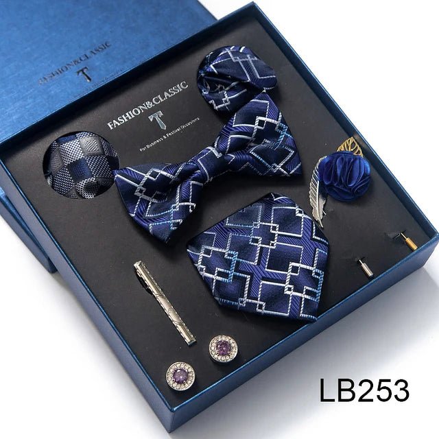 Brand Newest Design Silk Tie Set Handkerchief Pocket Squares Cufflink Bow Tie Clip Necktie Set Bussiness Wedding Suit Gift Box - Luzilly Bridal & Apparel