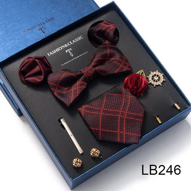 Brand Newest Design Silk Tie Set Handkerchief Pocket Squares Cufflink Bow Tie Clip Necktie Set Bussiness Wedding Suit Gift Box - Luzilly Bridal & Apparel