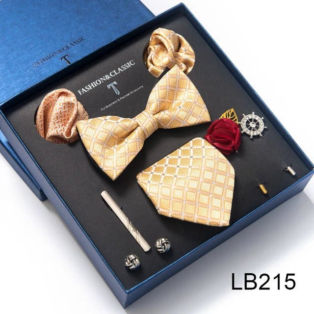 Brand Newest Design Silk Tie Set Handkerchief Pocket Squares Cufflink Bow Tie Clip Necktie Set Bussiness Wedding Suit Gift Box - Luzilly Bridal & Apparel