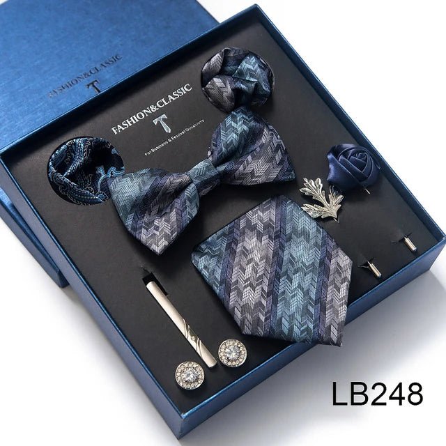 Brand Newest Design Silk Tie Set Handkerchief Pocket Squares Cufflink Bow Tie Clip Necktie Set Bussiness Wedding Suit Gift Box - Luzilly Bridal & Apparel