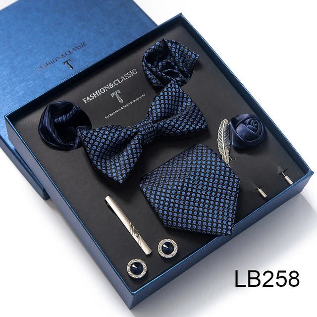 Brand Newest Design Silk Tie Set Handkerchief Pocket Squares Cufflink Bow Tie Clip Necktie Set Bussiness Wedding Suit Gift Box - Luzilly Bridal & Apparel