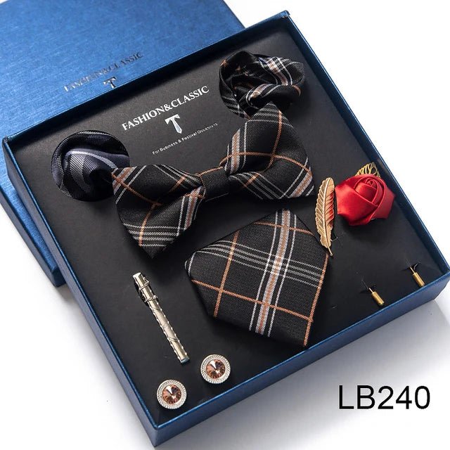Brand Newest Design Silk Tie Set Handkerchief Pocket Squares Cufflink Bow Tie Clip Necktie Set Bussiness Wedding Suit Gift Box - Luzilly Bridal & Apparel