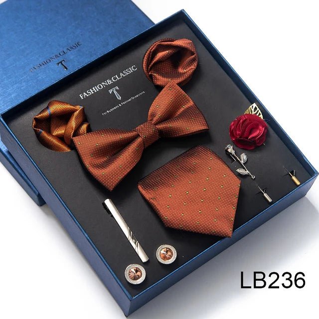 Brand Newest Design Silk Tie Set Handkerchief Pocket Squares Cufflink Bow Tie Clip Necktie Set Bussiness Wedding Suit Gift Box - Luzilly Bridal & Apparel